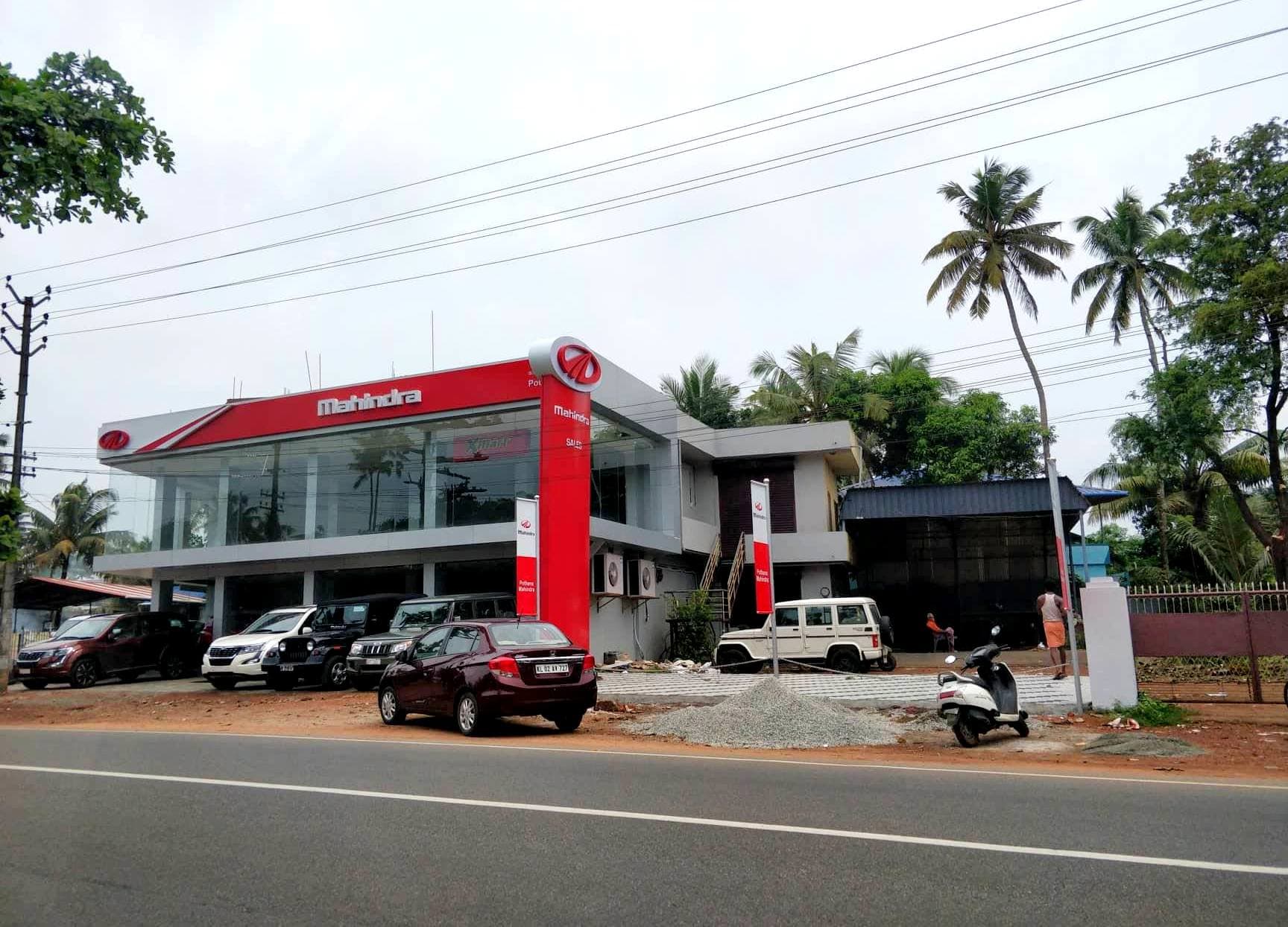 Exterior of the Pothens Mahindra dealership in Mevaram, Kollam, photographed in October 2018
